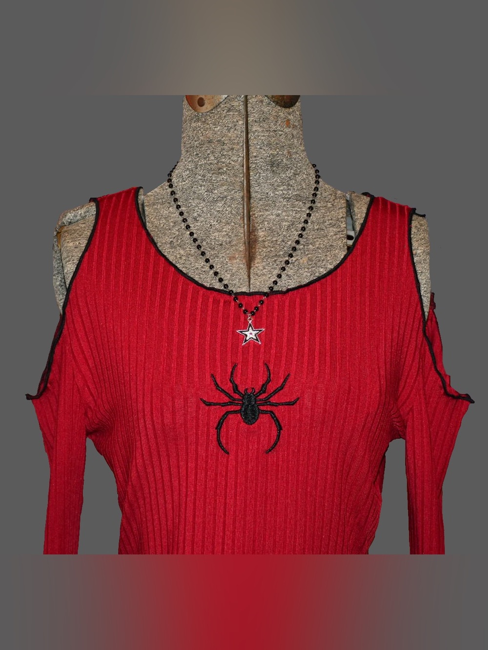 SHEIN Red Ribbed Cold-Shoulder Sweater with Black Spider Appliqué